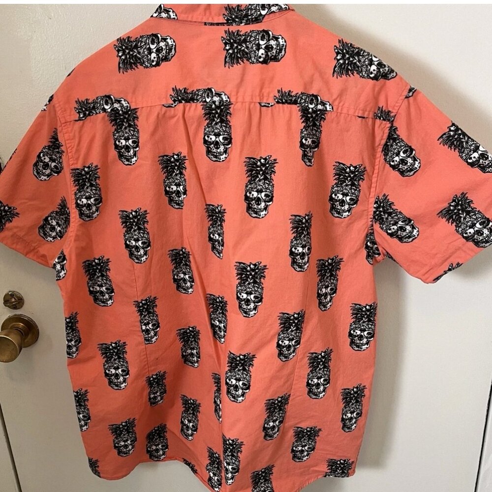 Pineapple Skull Button Down Shirt XL Coral Tropical Novelty Vacation Party - Picture 12 of 16